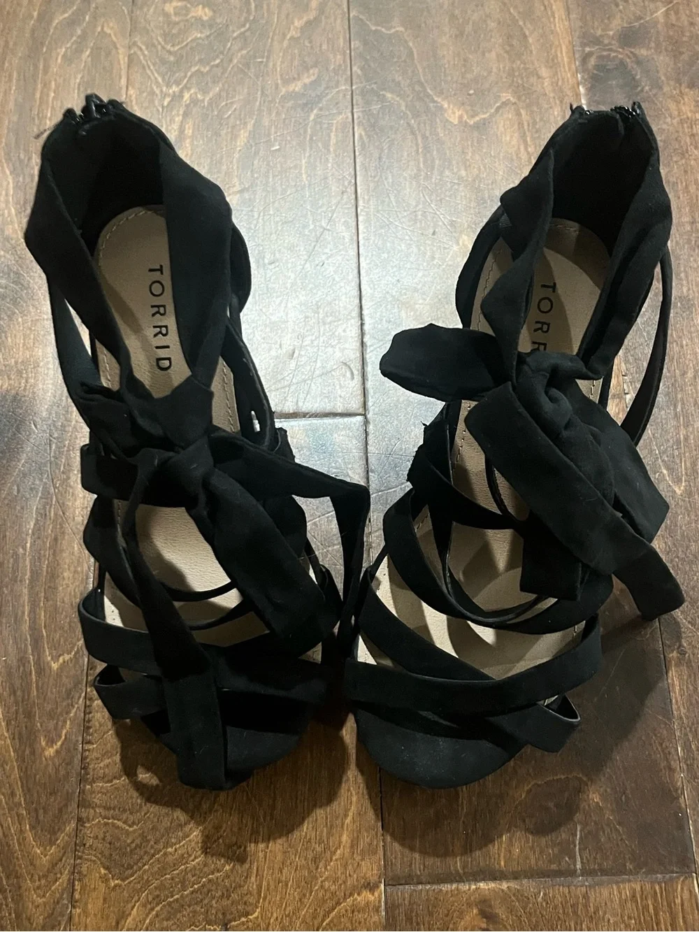 Torrid Black Suede Strappy Lace-Up Ankle-Wrap wedge sandals size WW 6.5